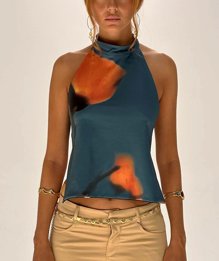 A halter-neck sleeveless off-the-shoulder top
