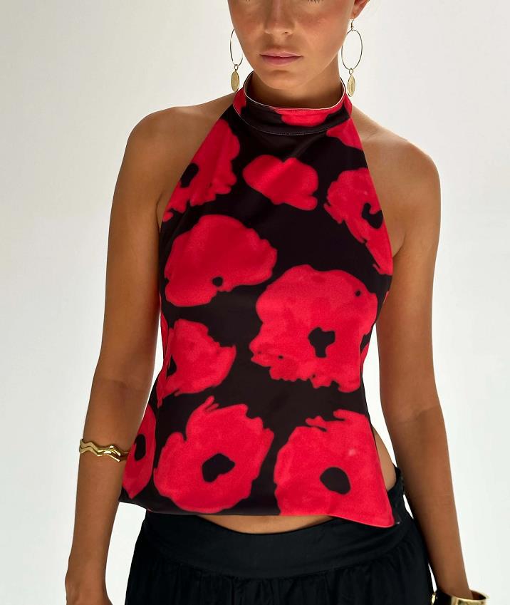 A halter-neck sleeveless off-the-shoulder top