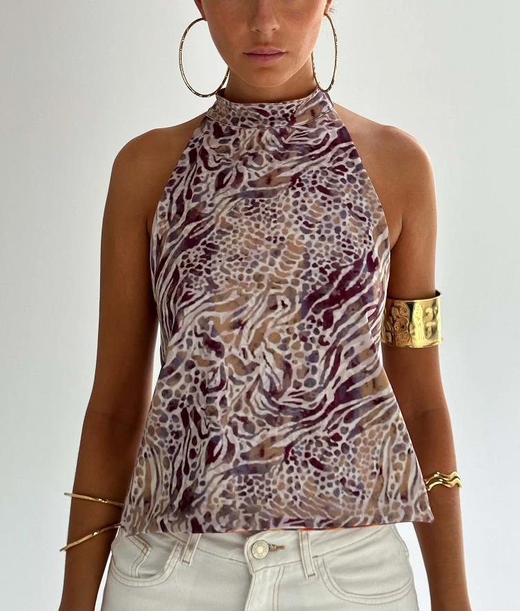 A halter-neck sleeveless off-the-shoulder top