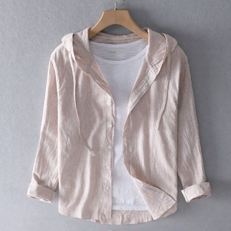 A hooded long-sleeved solid-color shirt
