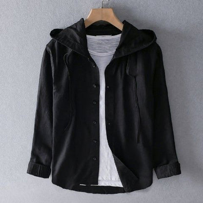 A hooded long-sleeved solid-color shirt
