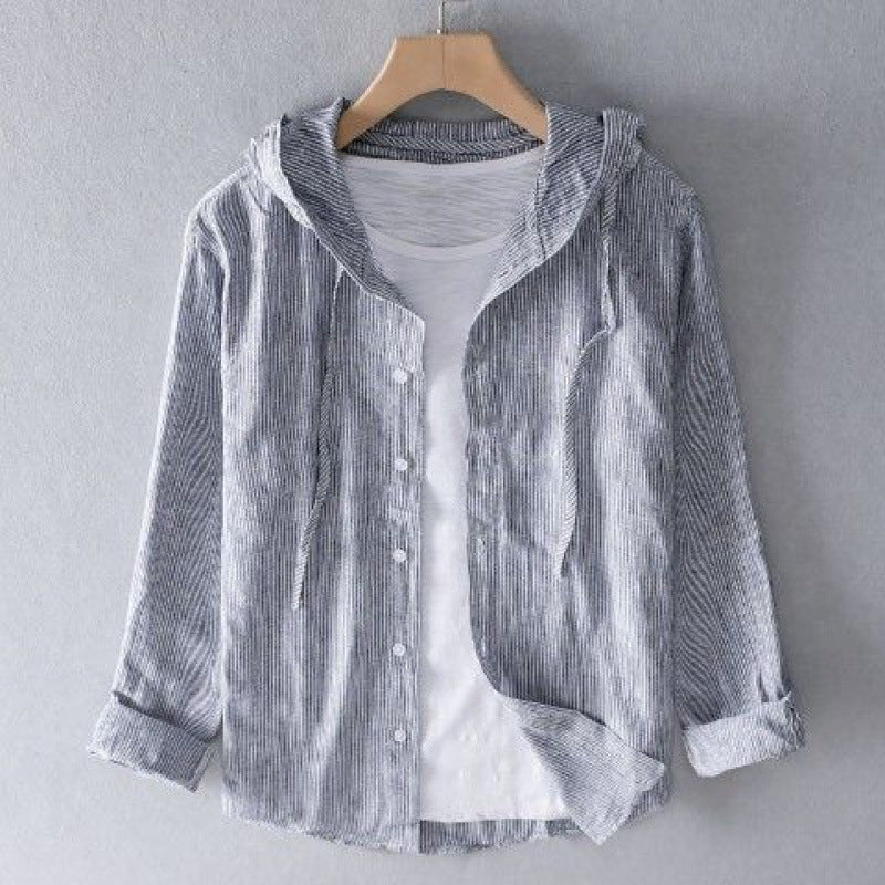A hooded long-sleeved solid-color shirt