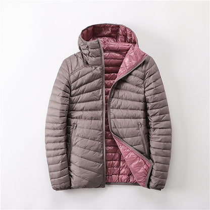 A hooded thin down jacket