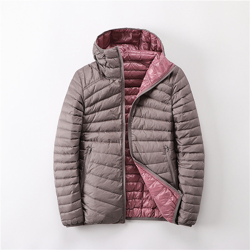 A hooded thin down jacket