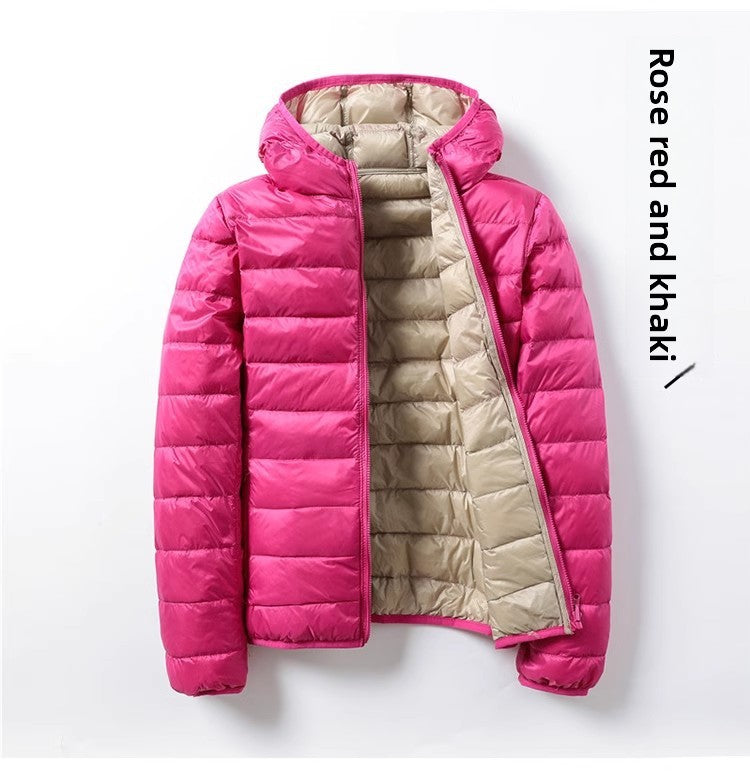 A hooded thin down jacket