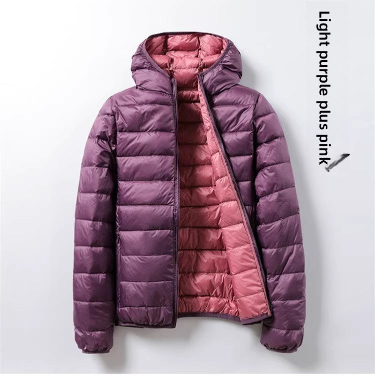 A hooded thin down jacket