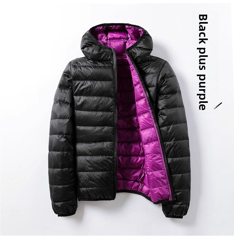 A hooded thin down jacket