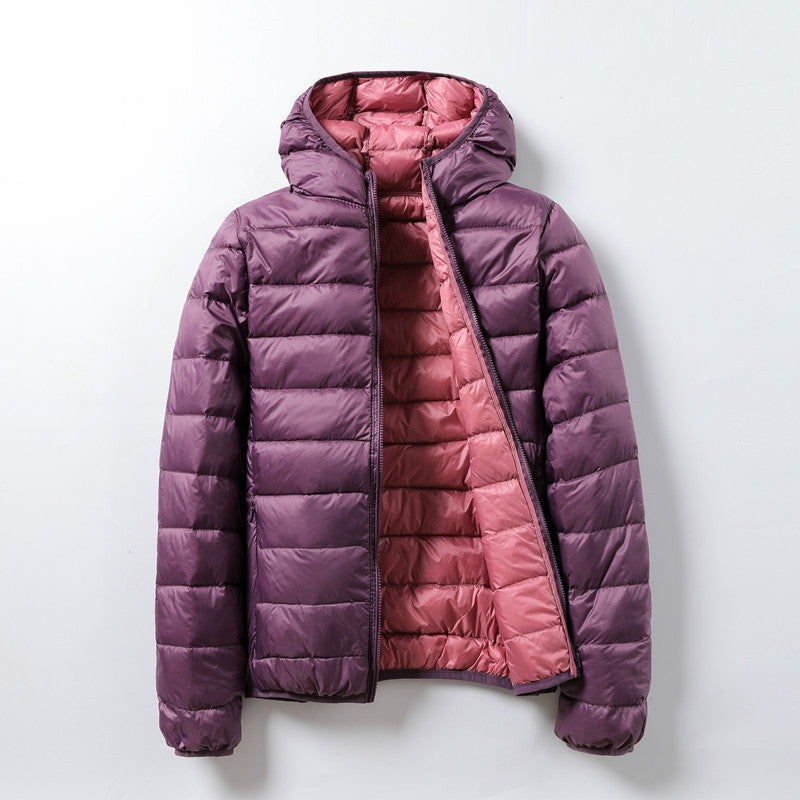 A hooded thin down jacket