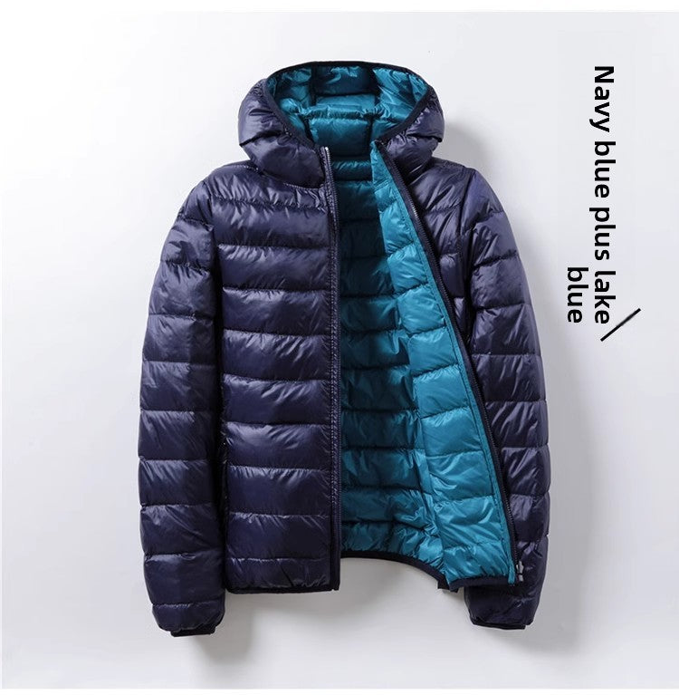A hooded thin down jacket