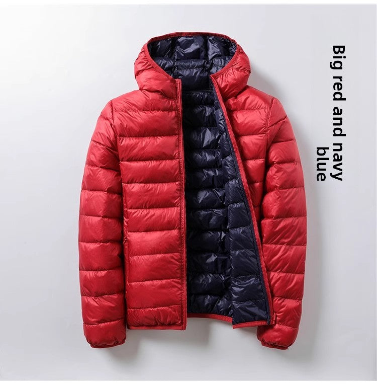A hooded thin down jacket