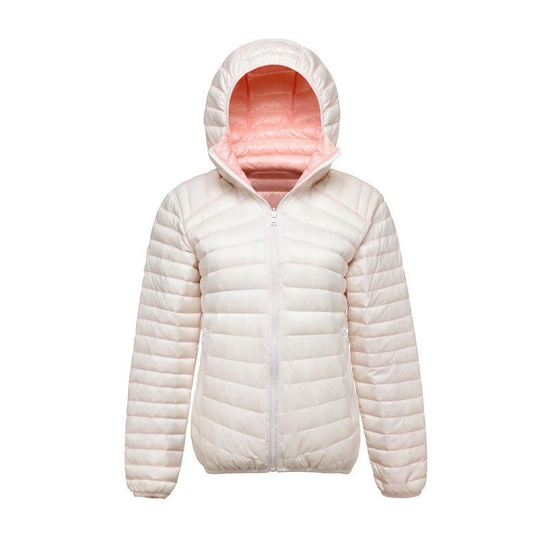A hooded thin down jacket