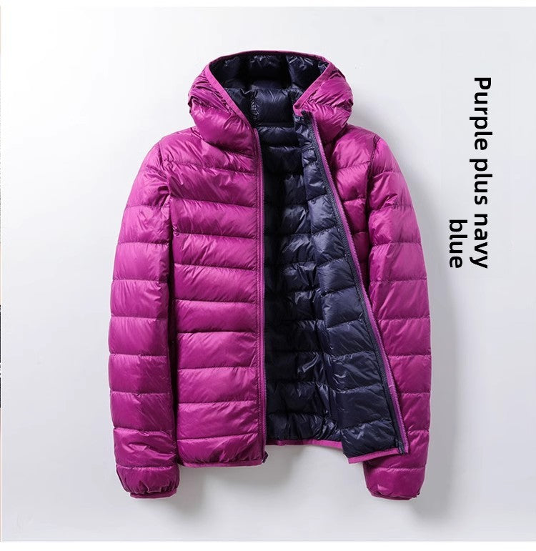 A hooded thin down jacket