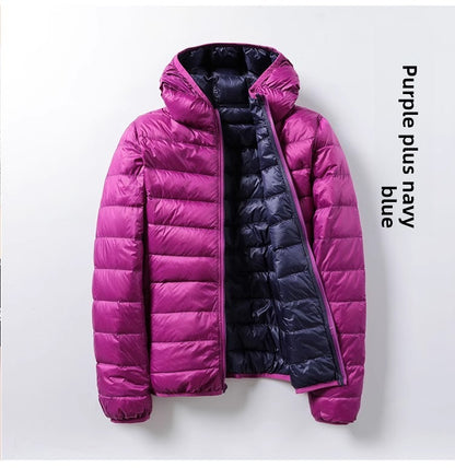 A hooded thin down jacket