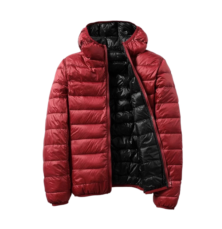 A hooded thin down jacket