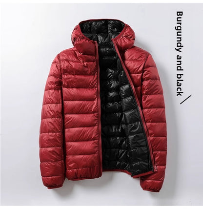 A hooded thin down jacket
