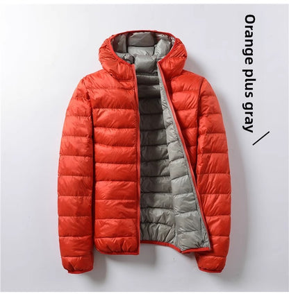 A hooded thin down jacket
