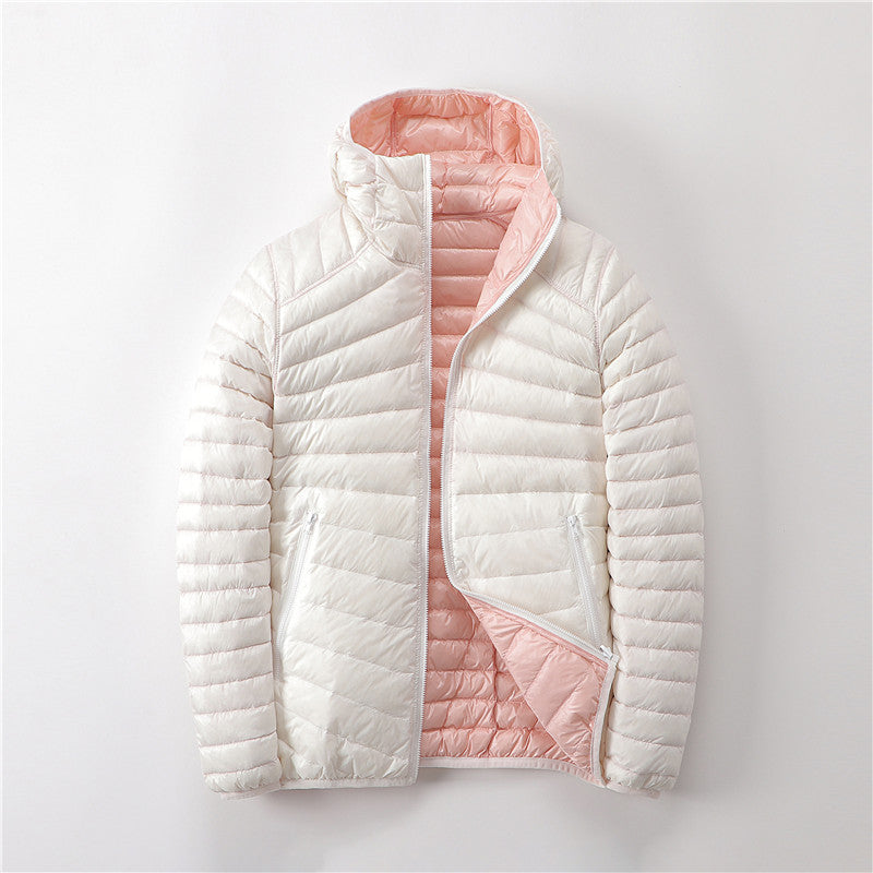 A hooded thin down jacket