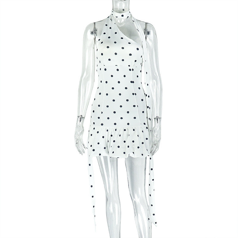 A-Line Skirt Halter Black and White Polka Dot Short Dress