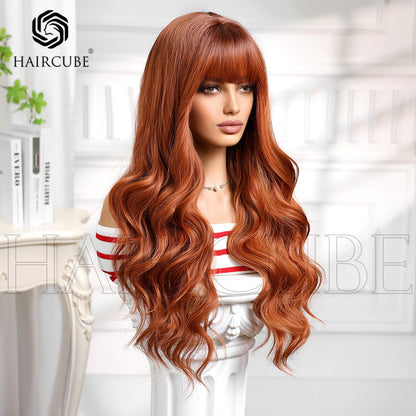 A long orange natural big wavy wig for women