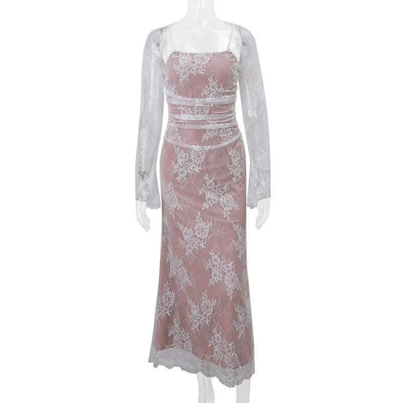 A long-sleeved hooded lace halter dress