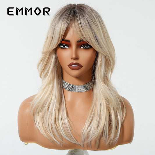 A long wig with a gradient golden figure-eight bangs