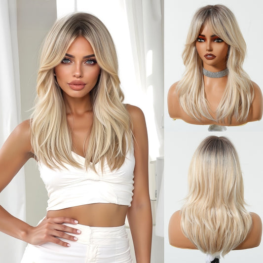 A long wig with a gradient golden figure-eight bangs