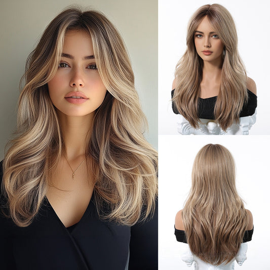 A long wig with a gradient golden figure-eight bangs