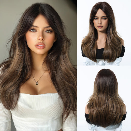 A long wig with a gradient golden figure-eight bangs