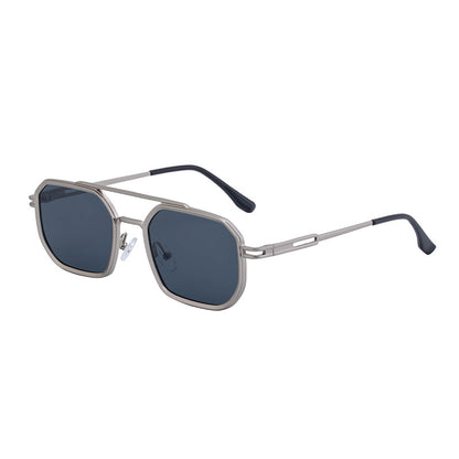 A man wearing fashionable square-framed sunglasses from Europe and America