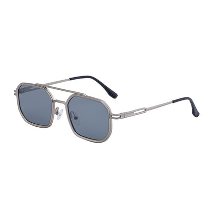 A man wearing fashionable square-framed sunglasses from Europe and America