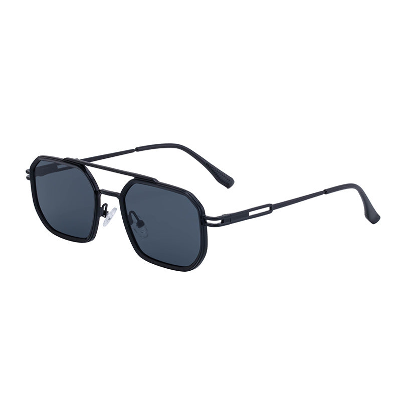 A man wearing fashionable square-framed sunglasses from Europe and America