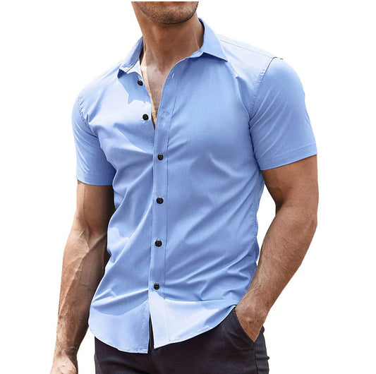 A muscular man in a solid-color lapel short-sleeved shirt