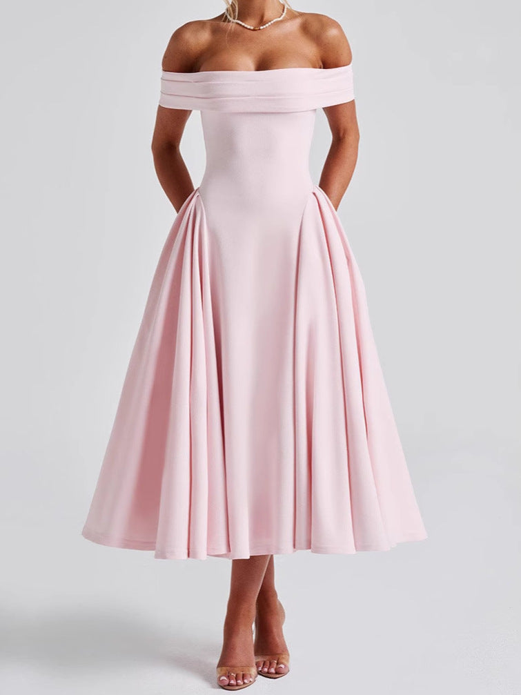 A one-neck backless solid-color strapless dress for women