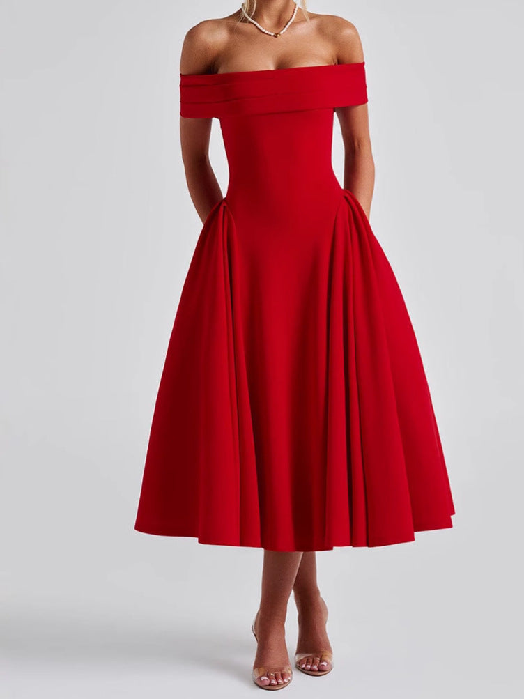A one-neck backless solid-color strapless dress for women