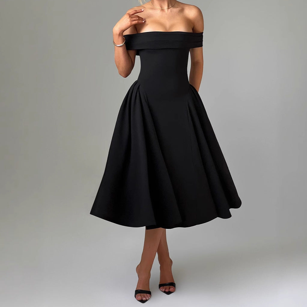 A one-neck backless solid-color strapless dress for women