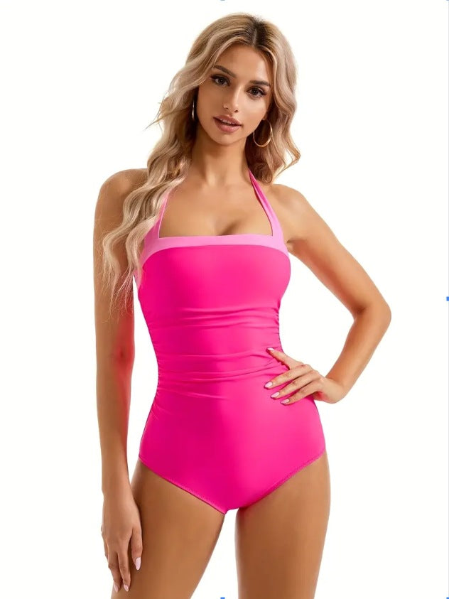 A one-piece swimsuit with a cinched belly and a halter top