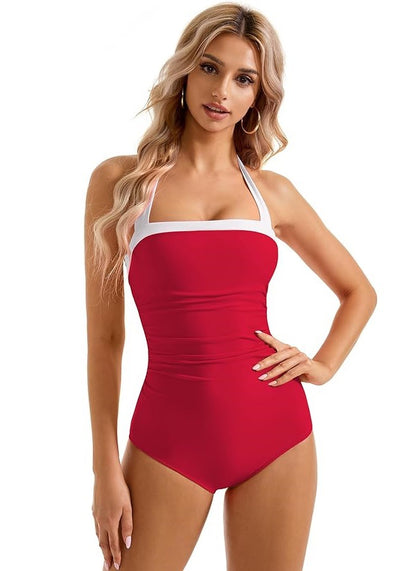 A one-piece swimsuit with a cinched belly and a halter top