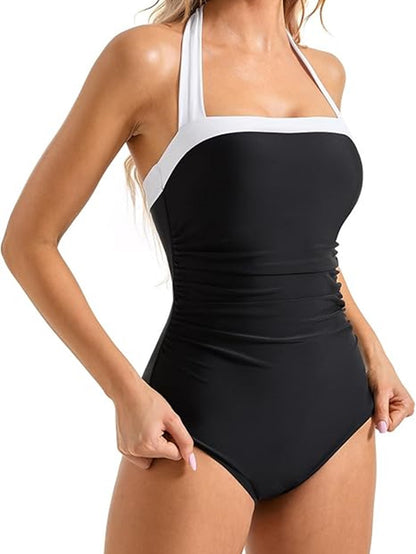 A one-piece swimsuit with a cinched belly and a halter top