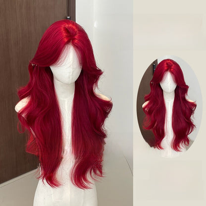 A red lace wig with figure-eight bangs