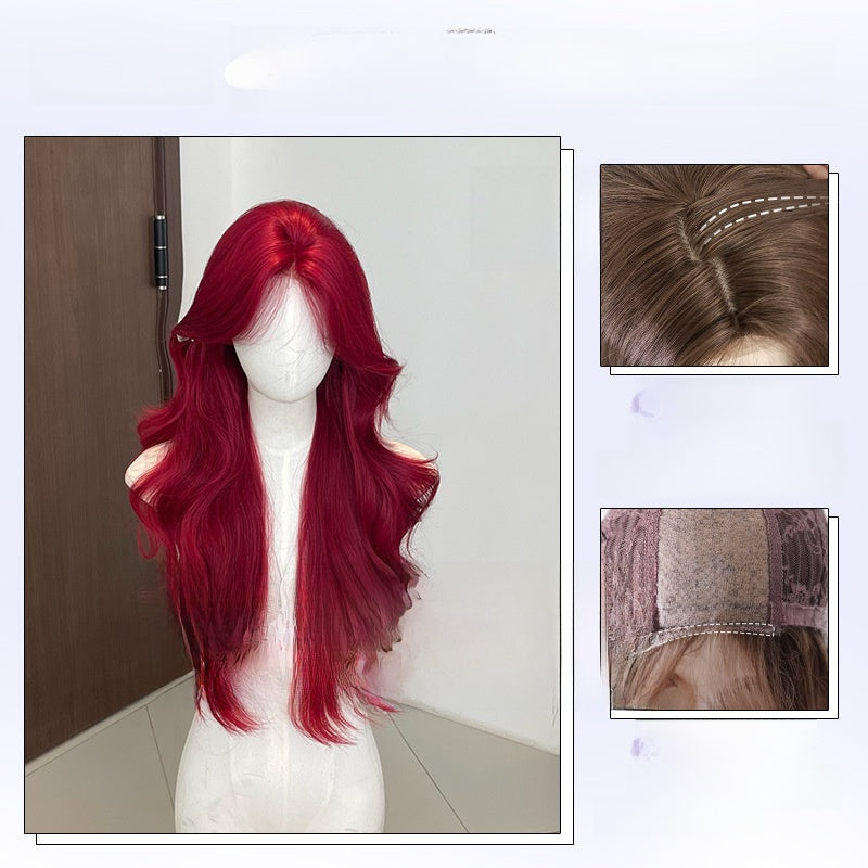 A red lace wig with figure-eight bangs