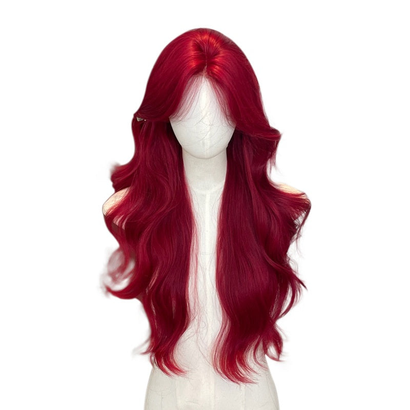 A red lace wig with figure-eight bangs