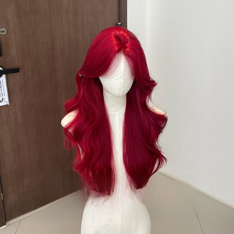 A red lace wig with figure-eight bangs