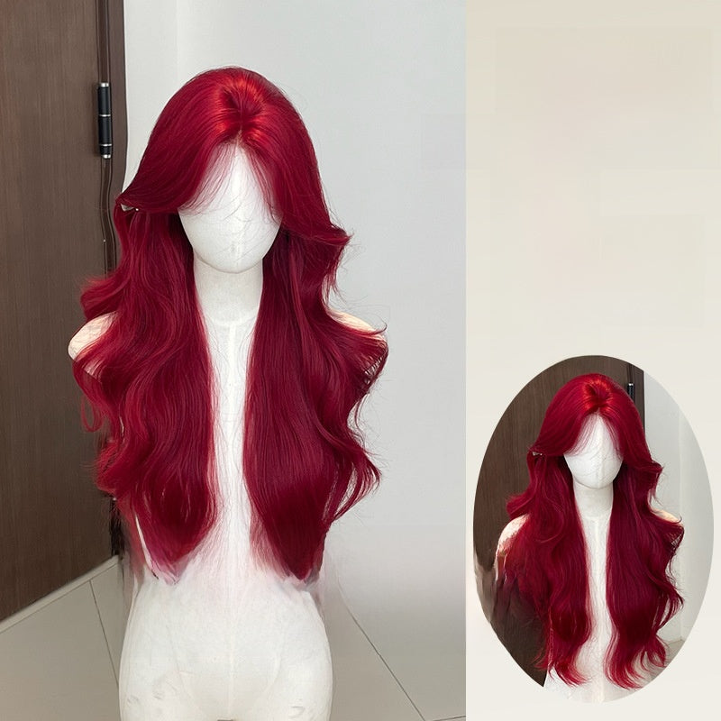 A red lace wig with figure-eight bangs