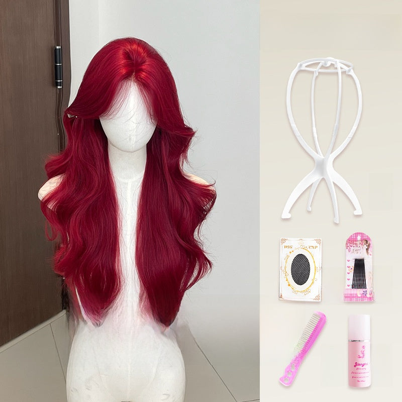 A red lace wig with figure-eight bangs