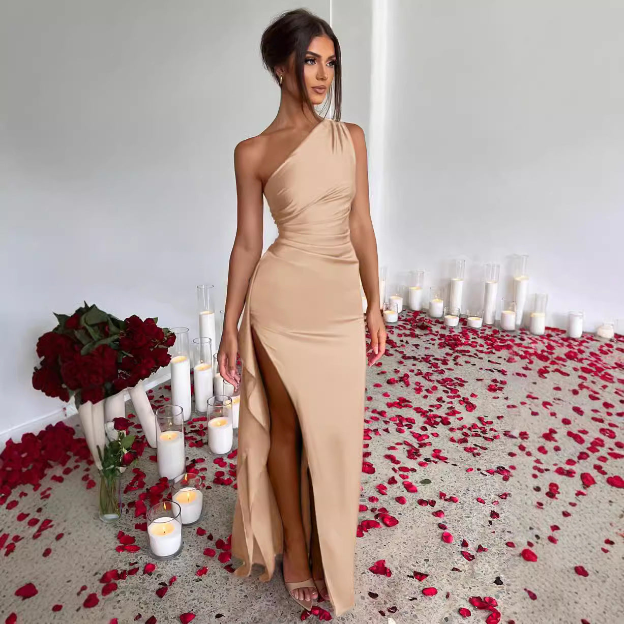 A sexy satin dress with pleated slits
