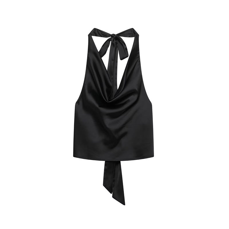 A silk satin-textured top hung around the neck