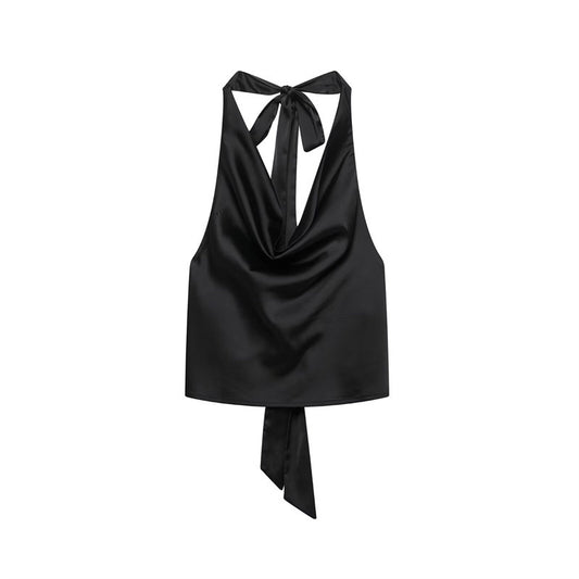 A silk satin-textured top hung around the neck
