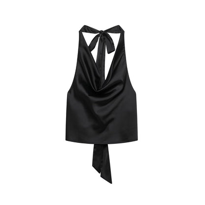 A silk satin-textured top hung around the neck