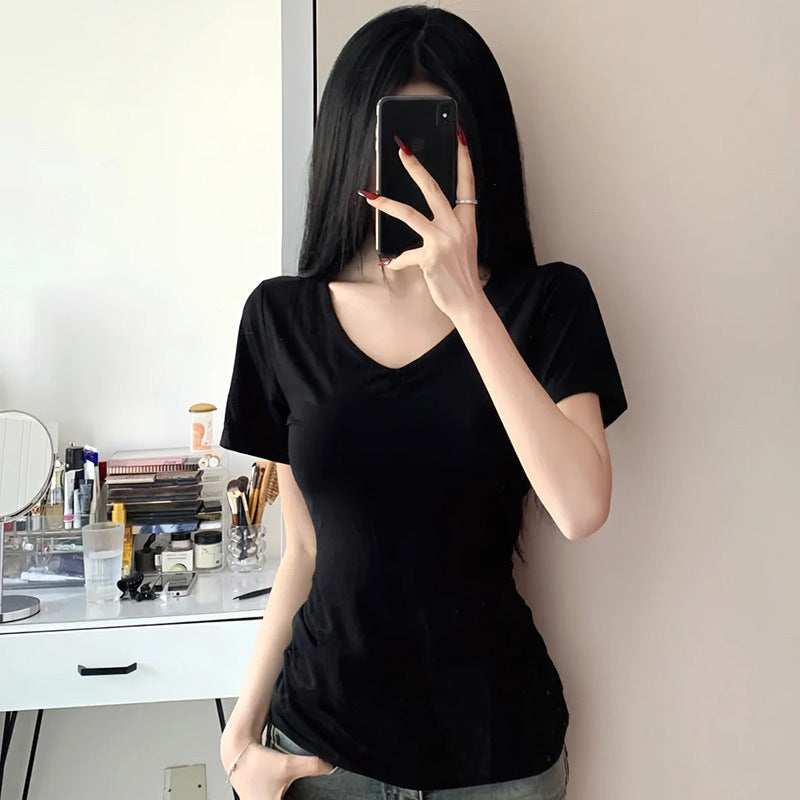 A simple straight-shoulder V-neck base layer top