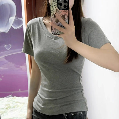 A simple straight-shoulder V-neck base layer top